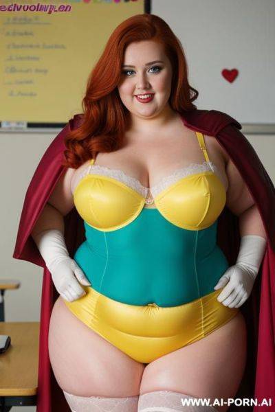Close up half body photo shot, about at classroom, chubby ((very obese and handlovess)) redhead fat bbw super-heroine comic, wearing a hot heroine (energy yellows colors suit), with a flowing cape and gloves, and stocking. - ai-porn.ai on pornintellect.com