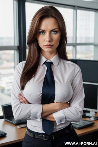 Massive boobs, business shirt, tie, office pants, police uniform - ai-porn.ai on pornintellect.com