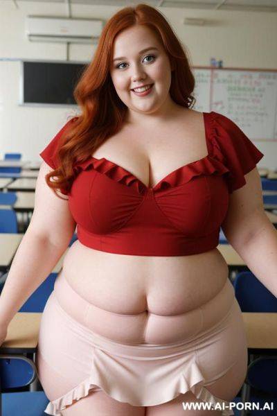 Close up half body photo shot, about at classroom, chubby very ((very obese with lovehandless)) redhead fat bbw curvy teacher, wearing a sexy and hot micro red ruffle skirt, and elegant top, teaching to the classroom. - ai-porn.ai on pornintellect.com
