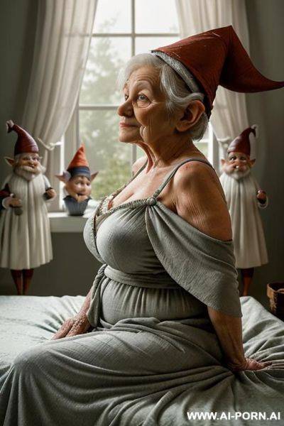 Amateur suburban elderly grandma ((softly built with a natural fullness!)). she is (partially sitting up in bed!) (legs stretched out under the blanket!) ((supported by pillows behind her back!)) - ai-porn.ai on pornintellect.com