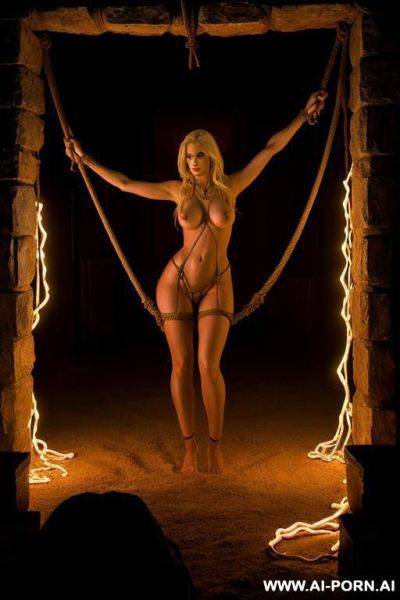 Blonde woman, totally naked, barefoot, in hell, rope bondage, whipped by demon, group of women, dramatic lighting - ai-porn.ai on pornintellect.com
