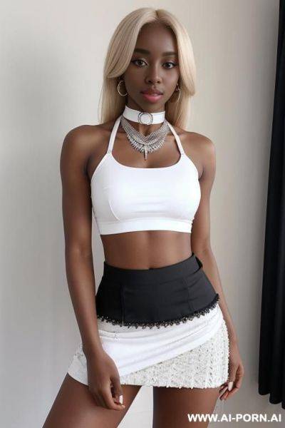 Chocker necklace, crop top on top, ((white hot tanga on bot)) - ai-porn.ai on pornintellect.com