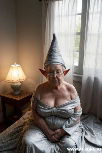 Midnight! amateur suburban grandma ((softly built with a natural fullness!)). she is (partially sitting up in bed!) (legs stretched out under the blanket!) ((supported by pillows behind her back!)) - ai-porn.ai on pornintellect.com