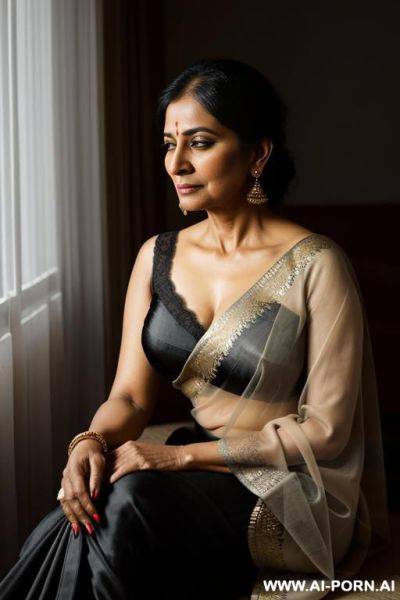A graceful mature indian woman in a black saree, sitting by the window as rain falls outside. her expression is serene, holding a worn poetry book in one hand. the lighting is soft, golden - ai-porn.ai - India on pornintellect.com