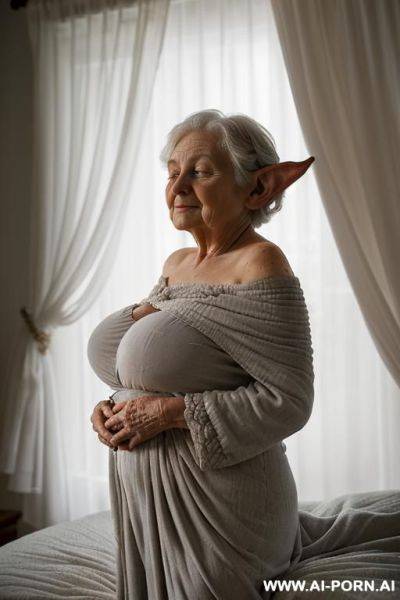 Amateur suburban elderly grandma ((softly built with a natural fullness!)). she is sleeping (lying! comfortably in bed!) (legs stretched out under the blanket!) ((supported by pillows behind her - ai-porn.ai on pornintellect.com