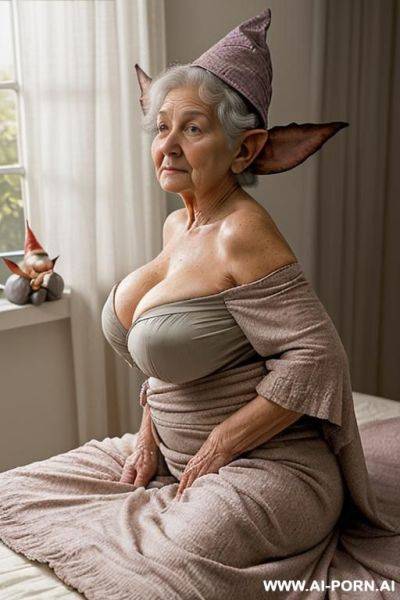 Amateur suburban elderly grandma ((softly built with a natural fullness!)). she is (lying comfortably in bed!) (legs stretched out under the blanket!) ((supported by pillows behind her back!)) - ai-porn.ai on pornintellect.com