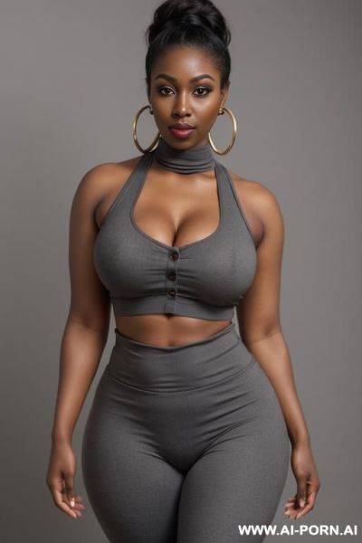 Grey cotton turtelneck and leggings, round boobs, extremely pretty, full lips, button nose, eye contact, ahegao, hoop earrings, styled hair, tight waist, hourglass figure - ai-porn.ai on pornintellect.com