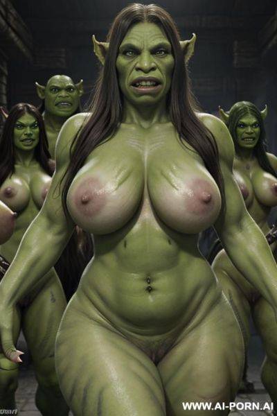(((naked orc army))), full green skin, full green painted skin, fully naked, ((huge massive rounded milky breasts)), ((massive hips)), huge curves, huge cleavage, (busty) - ai-porn.ai on pornintellect.com