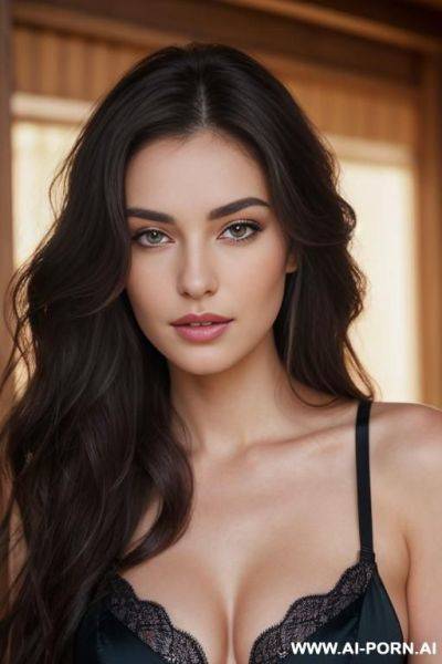 A portrait camera angle about a portrait of a woman with long, wavy brown hair and striking purple eyes, wearing a black lace bra and a black top. the image also shows a soft, - ai-porn.ai on pornintellect.com