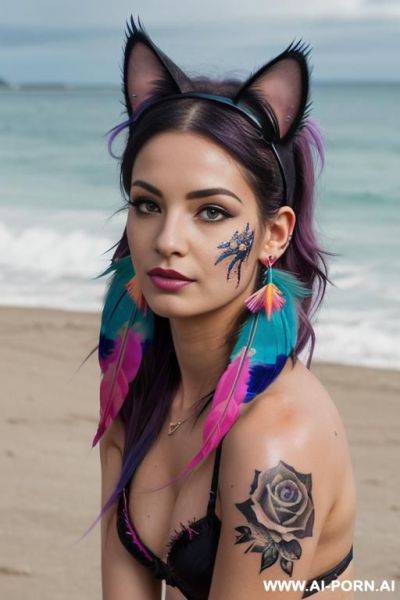 Face, sexy, beautiful, ((face painting)), ((bikini as seashell)), ((tattoo roses)), ((eyes shw)), ((angel wings)), ((rainbow hair)), ((long bu hair)), ((wind)), (( cat face)), (( cat ears)), (((feather - ai-porn.ai on pornintellect.com