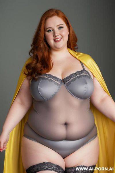 Close up half body photo shot, about at classroom, chubby ((very obese and handlovess)) redhead fat bbw teacher, wearing a hot heroine (light, gray and yellow suit), with a flowing cape and and stocking. - ai-porn.ai on pornintellect.com