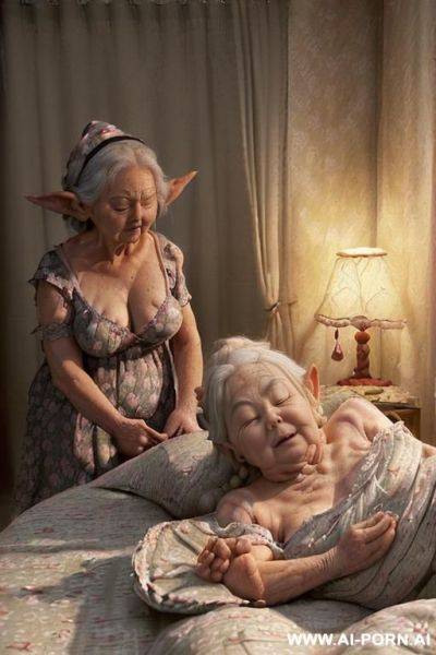 (scene features an amateur suburban elderly granny, and two! realistic elderly gnomes!). ((very !low-light! bedroom!) ((bedroom is dimly lit by a very low ambient bedside lamp!)), ((casting a soft - ai-porn.ai on pornintellect.com