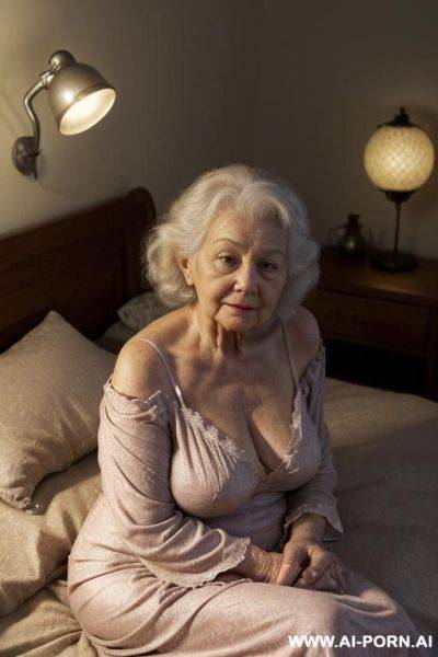 Scene features a modest amateur suburban elderly granny, and two realistic elderly gnome-men. ((very low-light bedroom)) ((the room is dimly lit by a very low ambient bedside lamp)), ((casting a - ai-porn.ai on pornintellect.com