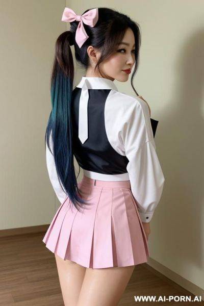 A japanese woman in a sailor-style outfit, standing confidently with one leg raised and the other bent at the knee. she has long brown hair tied in a high ponytail with a blue hair clip, - ai-porn.ai - Japan on pornintellect.com