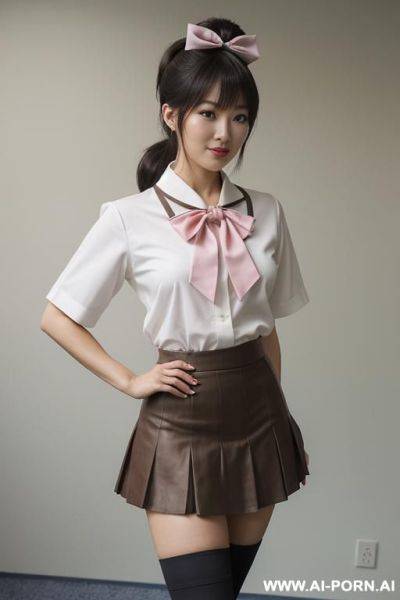 A japanese woman in agreen sailor-style outfit, a short green skirt, standing confidently with one leg raised and the other bent at the knee. she has long brown hair tied in a high ponytail - ai-porn.ai - Japan on pornintellect.com