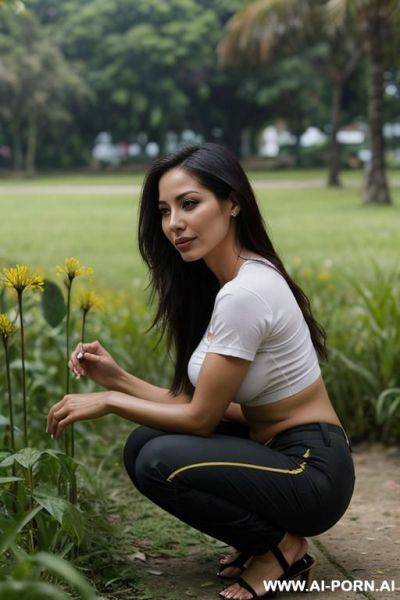 Side-view, colombian woman shirt, pants, in her 20s, squatting in park behind weeds, - ai-porn.ai - Colombia on pornintellect.com
