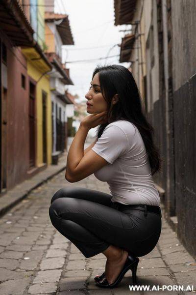 Side-view, colombian woman shirt, pants, in her 20s, squatting plump in alley, - ai-porn.ai - Colombia on pornintellect.com