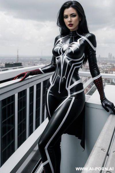Beutifull and fit women in black and white (mostly white) super-hero dress inspired by spider. on dress are red lines that looks like spider-web. wide hips. she is on skyscr rooftop. - ai-porn.ai on pornintellect.com