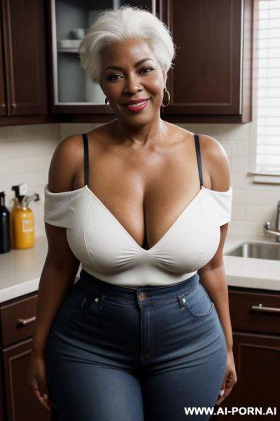 Gilf, ebony skin collor, diamond shape face, wrinkled eyes, narow and thick lips, long neck, big cleavage, large hips, thick thighs, full body shot angle - ai-porn.ai on pornintellect.com