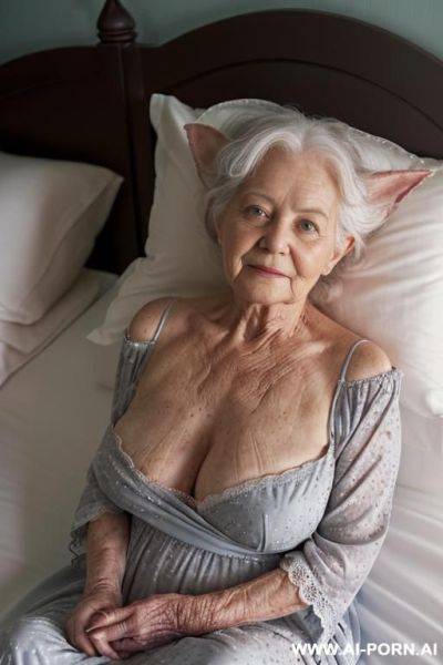Scene features a modest amateur suburban elderly granny, and two realistic elderly gnome. (bedroom is wrapped in a soft, subdued nighttime atmosphere). bedroom decor is cozy, rustic fantasy, with - ai-porn.ai on pornintellect.com