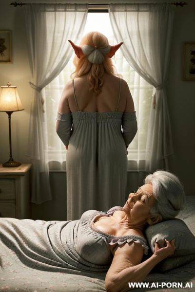 The scene shows an amateur modest suburban elderly granny, and two realistic elderly gnomes. ((very low-light bedroom)) ((bedroom is dimly lit by a very low ambient bedside lamp)), ((casting a - ai-porn.ai on pornintellect.com