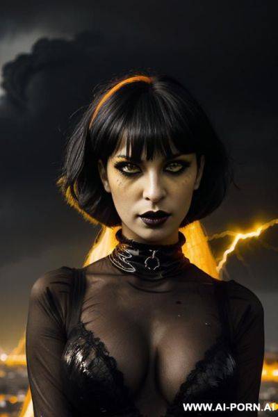 (black gothic make-up) ((((yellow eyes)))) ((((black lipstick)))) ((heavy thunderstorm with lightning in the horizon)) (((blazing ashes falling from the sky))) - ai-porn.ai on pornintellect.com