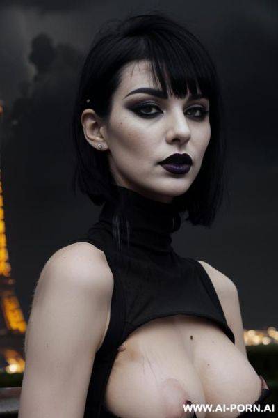 (black gothic make-up) ((((black lipstick)))) ((heavy thunderstorm with lightning in the horizon)) (((blazing ashes falling from the sky))) (((( white skin)))) (((damaged clothes))) - ai-porn.ai on pornintellect.com