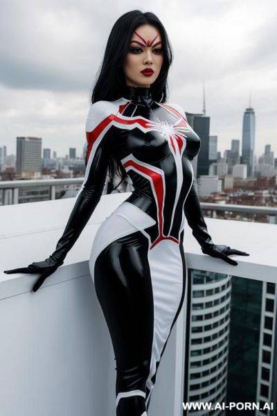 Beutifull and fit women in black and white (mostly white) super-hero dress inspired by spider. on dress are red lines that looks like spider-web. wide hips. she is on skyscr rooftop. - ai-porn.ai on pornintellect.com
