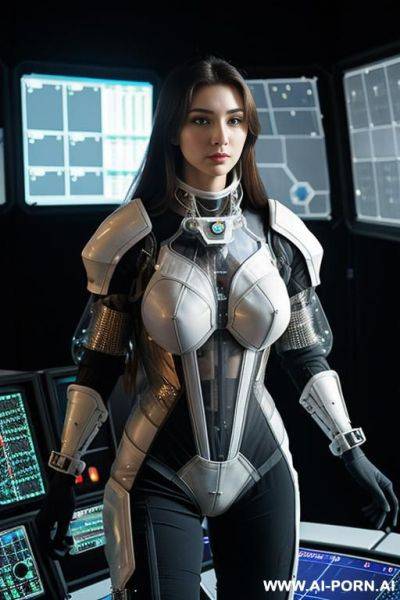 (serious woman) (transparent armored spacesuit) (spaceship control center) (group of women crew in background) - ai-porn.ai on pornintellect.com
