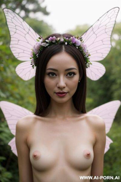 Microscopic naked flying fairy, fairy wings, looking at camera, eyes contact, flowers crown - ai-porn.ai on pornintellect.com