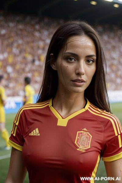Soccer stadium, spanish soccer team uniform, wet skin, crowd of people - ai-porn.ai - Spain on pornintellect.com