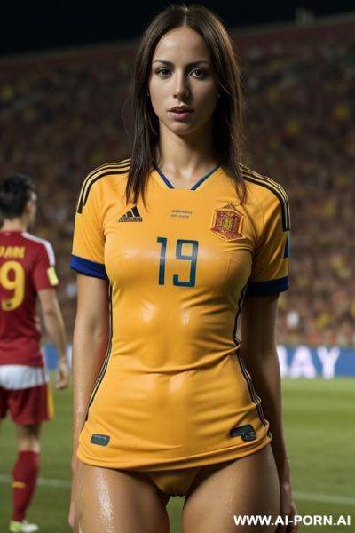 Soccer stadium, naked, tight spanish soccer team jersey, wet skin, no short, no panties, vagina visible, crowd of people - ai-porn.ai - Spain on pornintellect.com