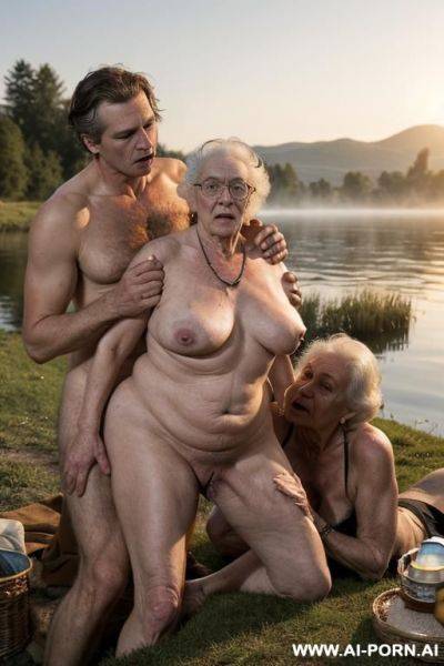 Early morning, very thick fog, two guys (guys in their prime) fuck a granny (real elderly crone) on the shore of the lake , the times of the muscovite monarchy, forest lake, dense coastal - ai-porn.ai - Russia on pornintellect.com