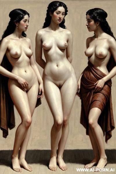 Painting. 1th century. group of beautiful nude women bag. standing full-length view. art. - ai-porn.ai on pornintellect.com