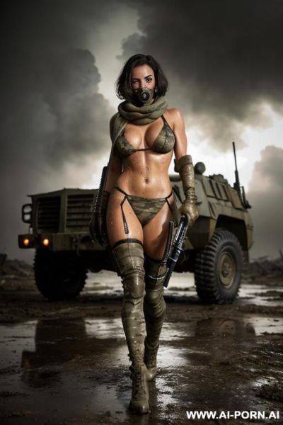 At nigth , apocalyptic city , cloudy sky fog battle city , atomic bomb explosions landscape , horizont looking , walking sexy pose , mud-stained body , camouflage thong , topless huge tits - ai-porn.ai on pornintellect.com