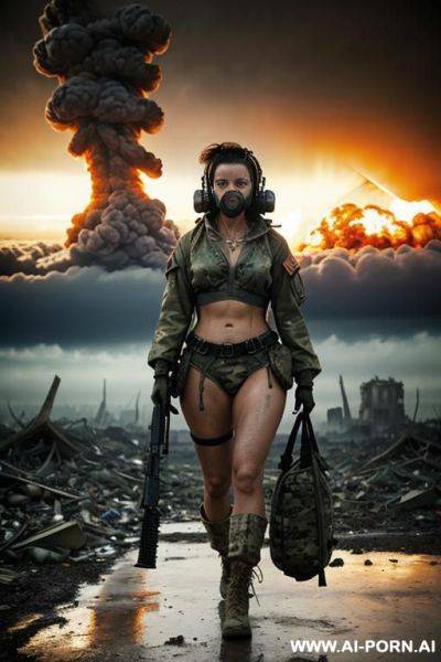At nigth , apocalyptic city , cloudy sky fog battle city , ((((atomic bomb explosions landscape)))) , horizont looking , walking sexy pose , mud-stained body , camouflage thong , topless huge - ai-porn.ai on pornintellect.com
