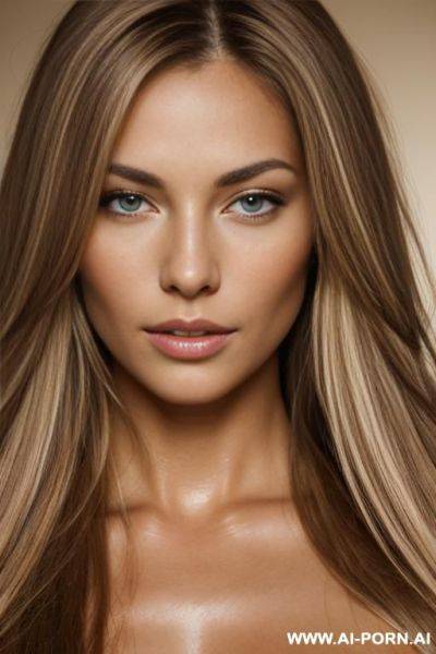 A beautiful naked woman with very long brown hair with blonde highlights, a light tan complexion - ai-porn.ai on pornintellect.com