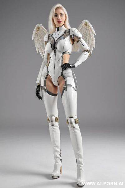 Beautiful realistic angel taur-women cyborg robot, detaleid face, latex skin white color, covered to latex, and boots, hd image quality. - ai-porn.ai on pornintellect.com