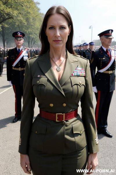 Military parade, military dress outfit, military necklace, surrounded by old men - ai-porn.ai on pornintellect.com