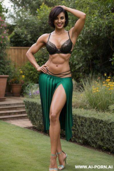 Indian, short hair, fit, abs, muscular arms, big ass, tall, long legs, navel piercing, green bra, green pleat skirt, looking at camera, full body, stiletto, in garden, arms up - ai-porn.ai - India on pornintellect.com