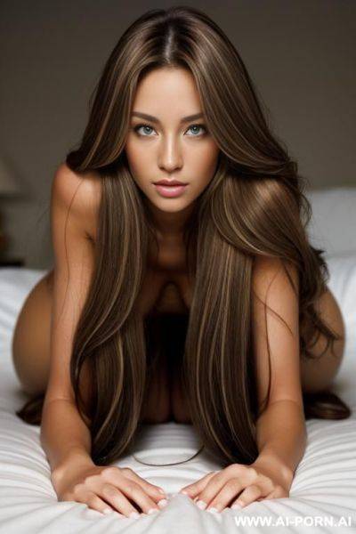 A beautiful naked woman with very long brown hair with blonde highlights, a light tan complexion, facing away showing ass - ai-porn.ai on pornintellect.com