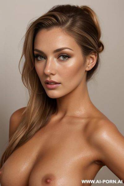 A beautiful naked woman with brown hair with blonde highlights, hair is tied back , looking directly at viewer, full breasts - ai-porn.ai on pornintellect.com