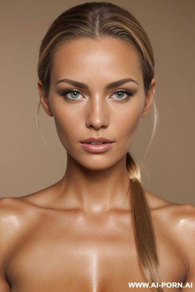 A beautiful naked woman with brown hair with blonde highlights, hair is tied back , a light tan complexion - ai-porn.ai on pornintellect.com