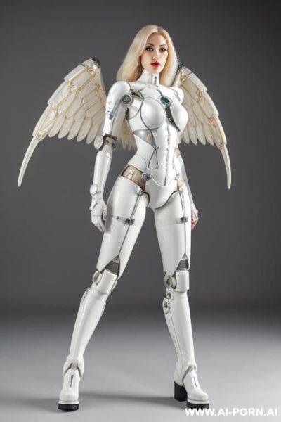 Beautiful realistic angel taur-women cyborg robot, detaleid face, latex skin white color, covered to latex, and robotic boots, hd image quality. - ai-porn.ai on pornintellect.com