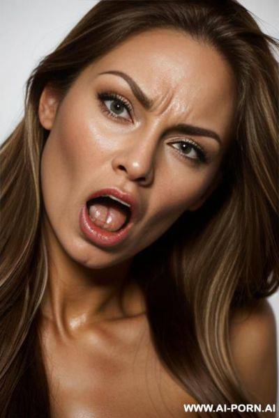 A beautiful naked woman with very long brown hair with blonde highlights, a light tan complexion, mouth open wide - ai-porn.ai on pornintellect.com