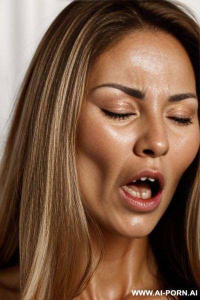 A beautiful naked woman with very long brown hair with blonde highlights, a light tan complexion, mouth open wide, eyes closed - ai-porn.ai on pornintellect.com