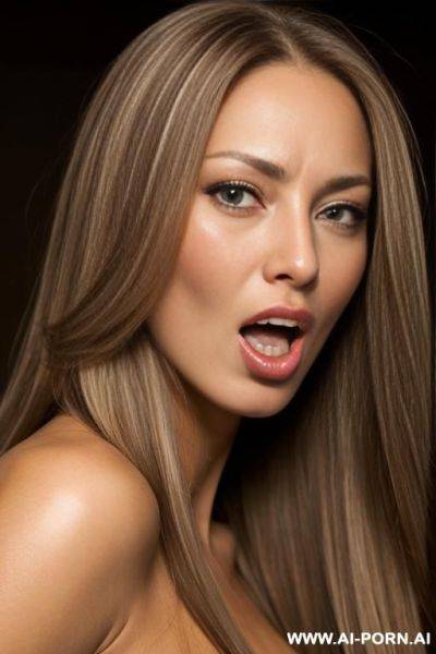 A beautiful naked woman with very long brown hair with blonde highlights, a light tan complexion, mouth open wide , frowning - ai-porn.ai on pornintellect.com
