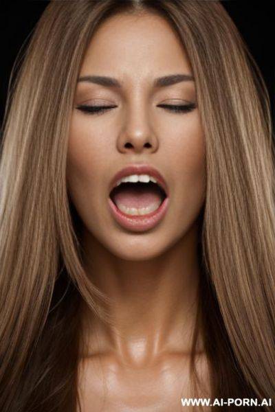 A beautiful naked woman with very long brown hair with blonde highlights, a light tan complexion, mouth open wide , angry, eyes closed - ai-porn.ai on pornintellect.com