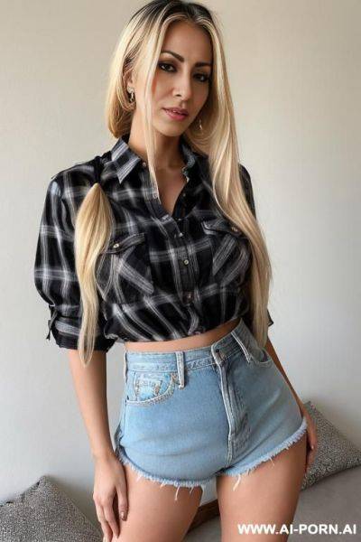 Blonde arabian style woman 0 years old, standing with her beautiful long slender legs spread wide apart, hair in a ponytail, checkered shirt completely unbuttoned, denim shorts tightly hugging her - ai-porn.ai on pornintellect.com