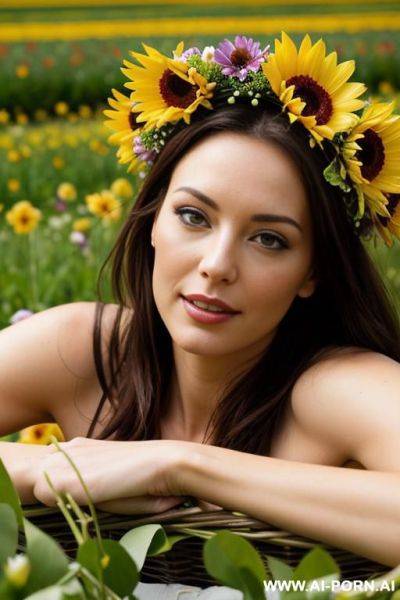 A winzige woman picks flowers for a bouquet in the flower field. a flower wreath on the head. - ai-porn.ai on pornintellect.com